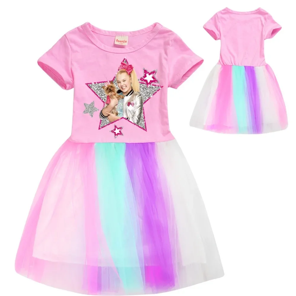 Cute JOJO Siwa A Kids Clothes Knee-Length Dresses Cute Cotton Gauze Full Dress Teenagers Cartoon Baby Girls Party Clothing image 4