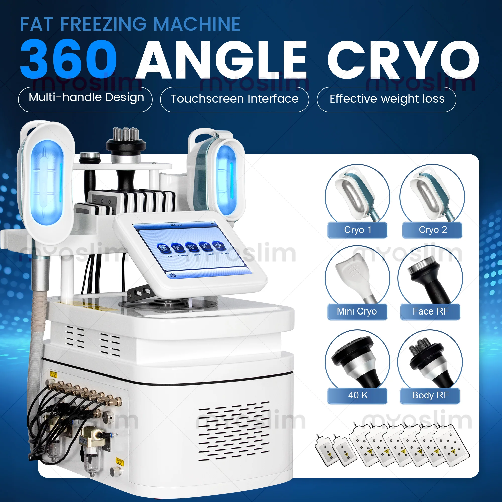 Multi-function Body Shaping Device With 8 Replaceable Silicone Heads Cold Freeze Slimming 40K Ultrasonic Cavitation Face&Body RF
