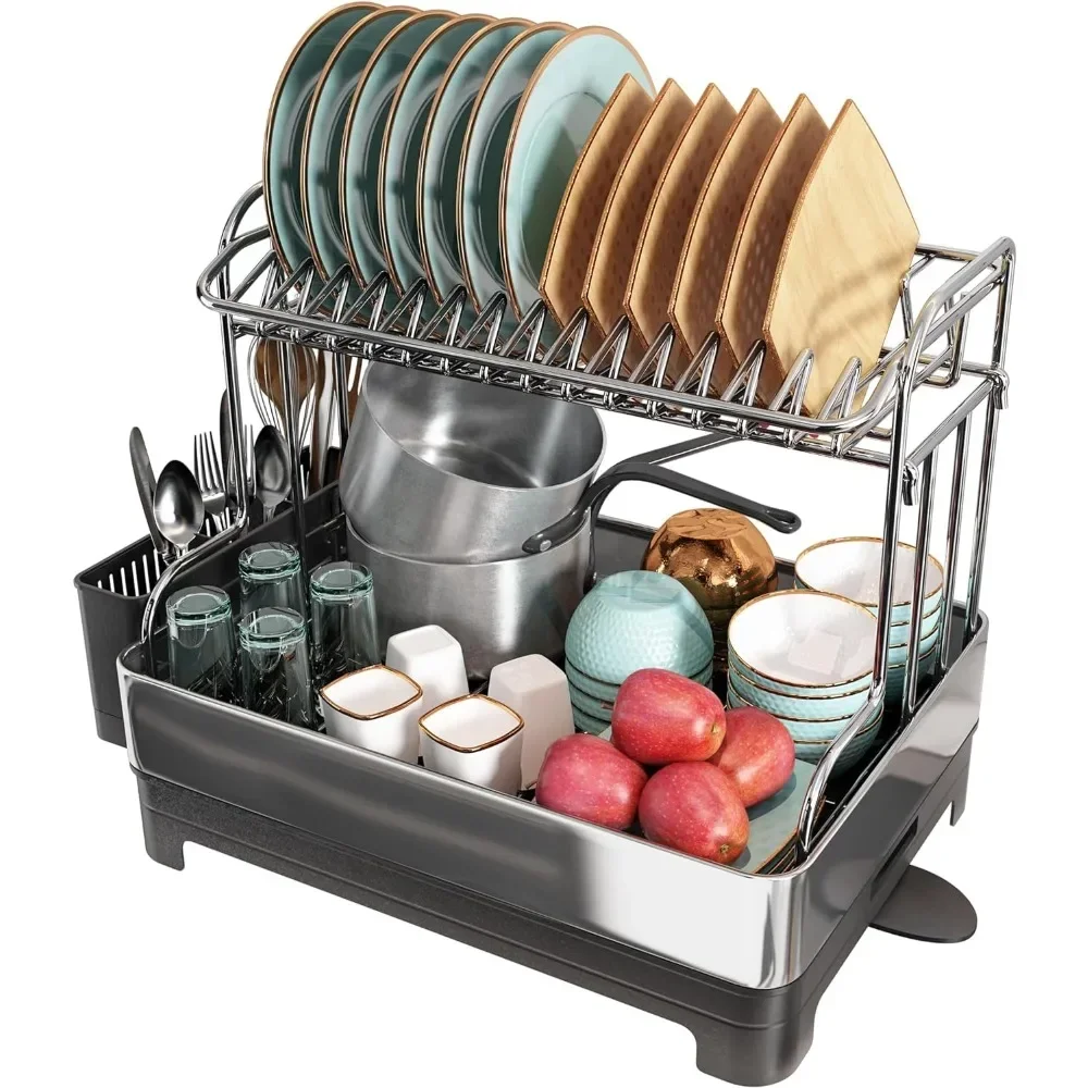

K Dish Drying Rack, 304 Stainless Steel 2 Tier Large Dish Rack and Drainboard Set with Swivel Spout Drainage, Full Size