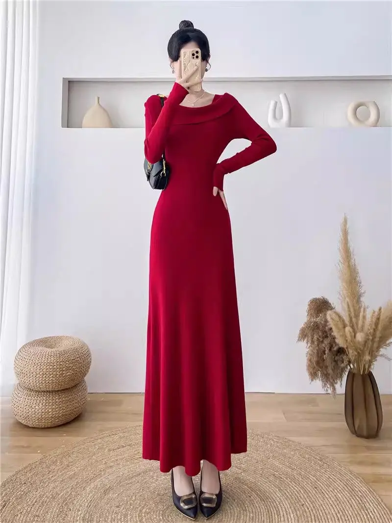 

Temperament Knitted Dress Women's 2023 Autumn and Winter Fashion Elegant Bottom Sweater Long Dress Z4730