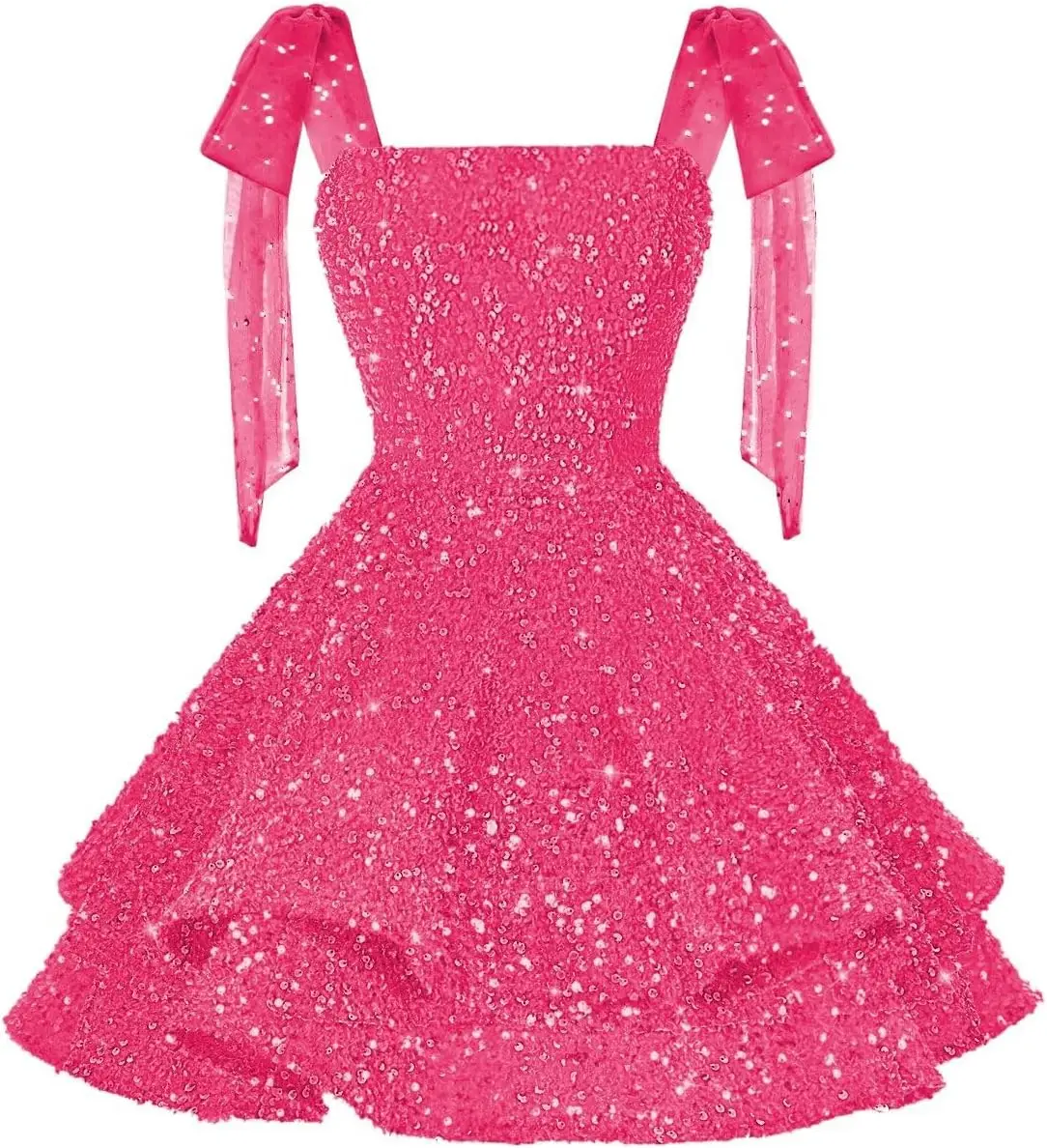 

Spaghetti Straps Short Homecoming Dresses with Bows 2026 Tiered Sparkly Sequin Sweet 16 Prom Cocktail Dress Party Dresses
