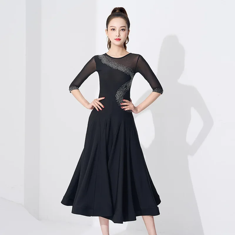 Women\'s New Modern Dance Dress Hot Diamond Mid Sleeve Ballroom Costume waltz Dance Professional Competition Skirt