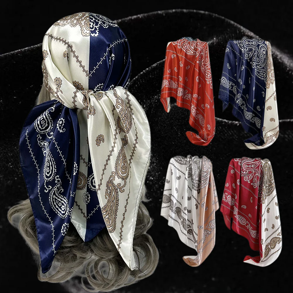90x90cm Luxury Satin Square Scarf Women's Vintage Paisley Print Turban Headscarf Contrast Two Tone Bandana 4 Colors