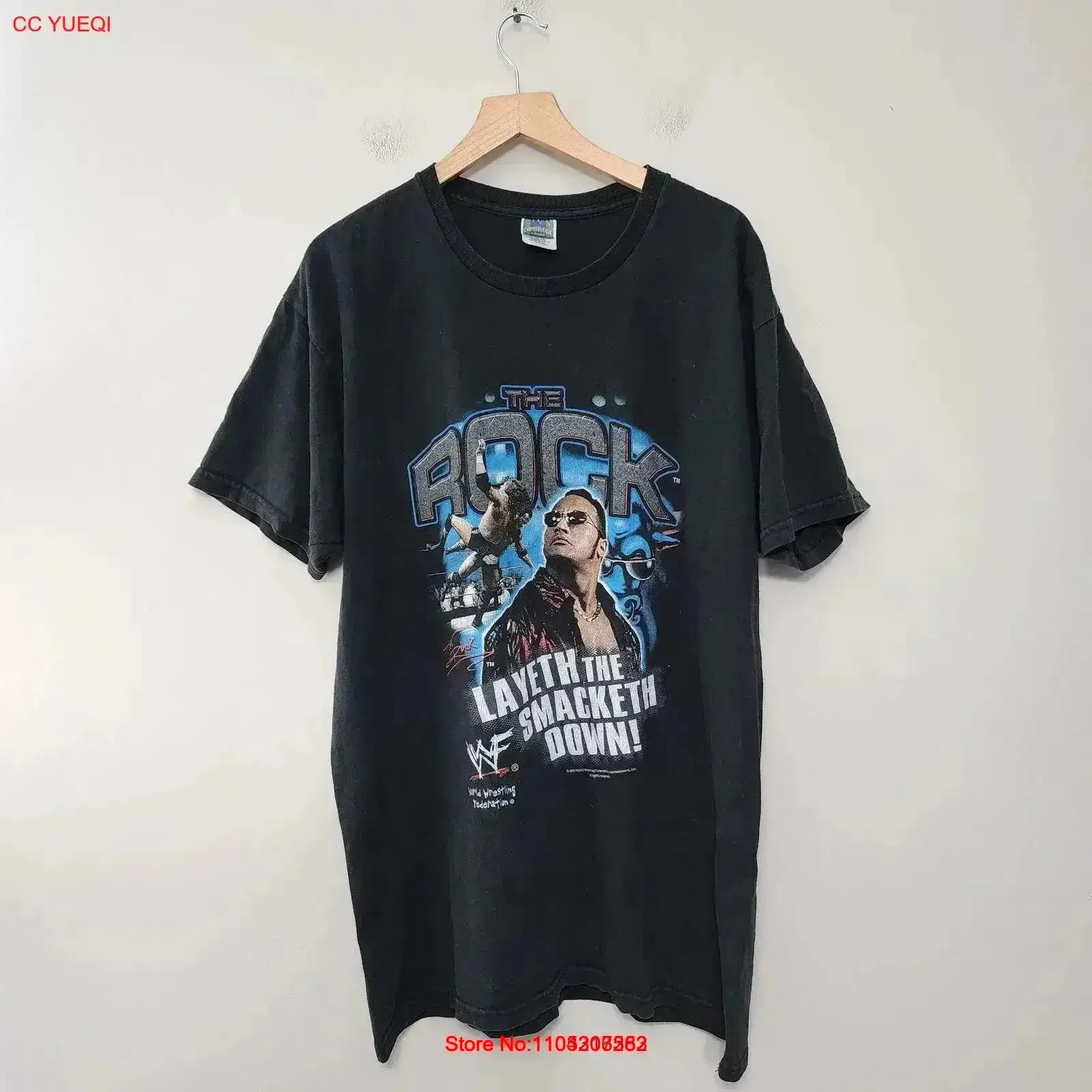 Camiseta Vintage The Rock para hombre XL Wwf Layin Smack Down Rap 00s 2001, ropa de calle gráfica versátil lavada vintage negra, transpirable