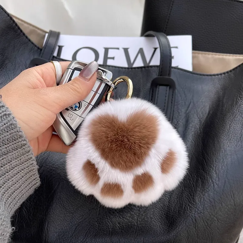 Kitten paw keychain otter rabbit fur faux fur charm real plush bag pendant car key ring accessory cute paw plushie