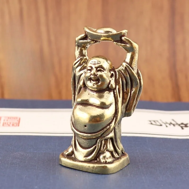 Vintage Brass Laughing Buddha Figurine Mini Maitreya Statue Holding Ingot Feng Shui Desktop Ornament Home Table Decor Lucky