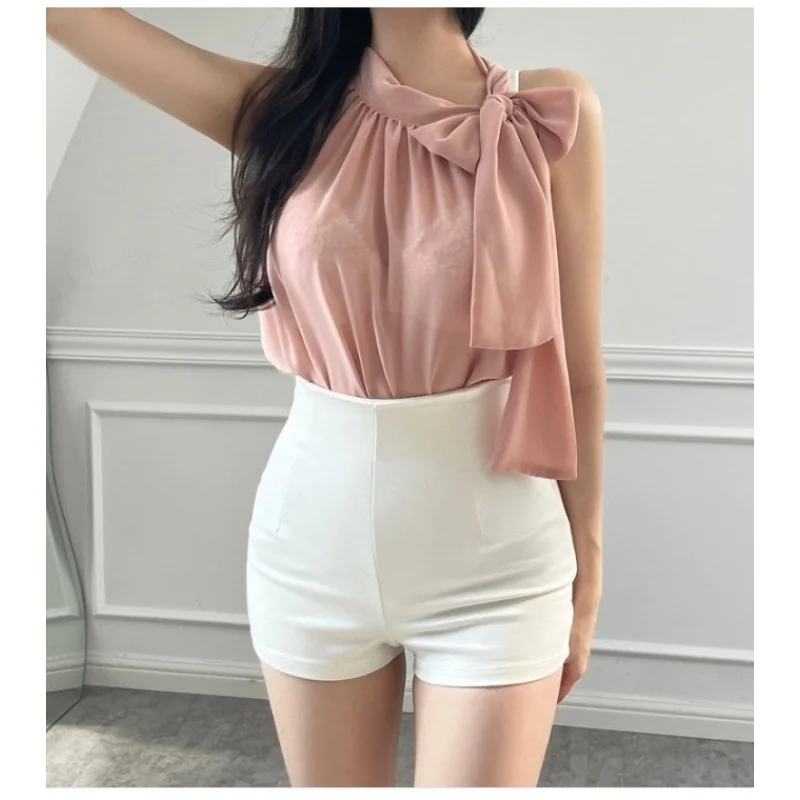 WOMENGAGA Cool Summer White Ruffled Tops Sexy Ribbon Bow Collar Thin Slim Sleeveless Chiffon Shirt Sweet Blouse Top 9XYC