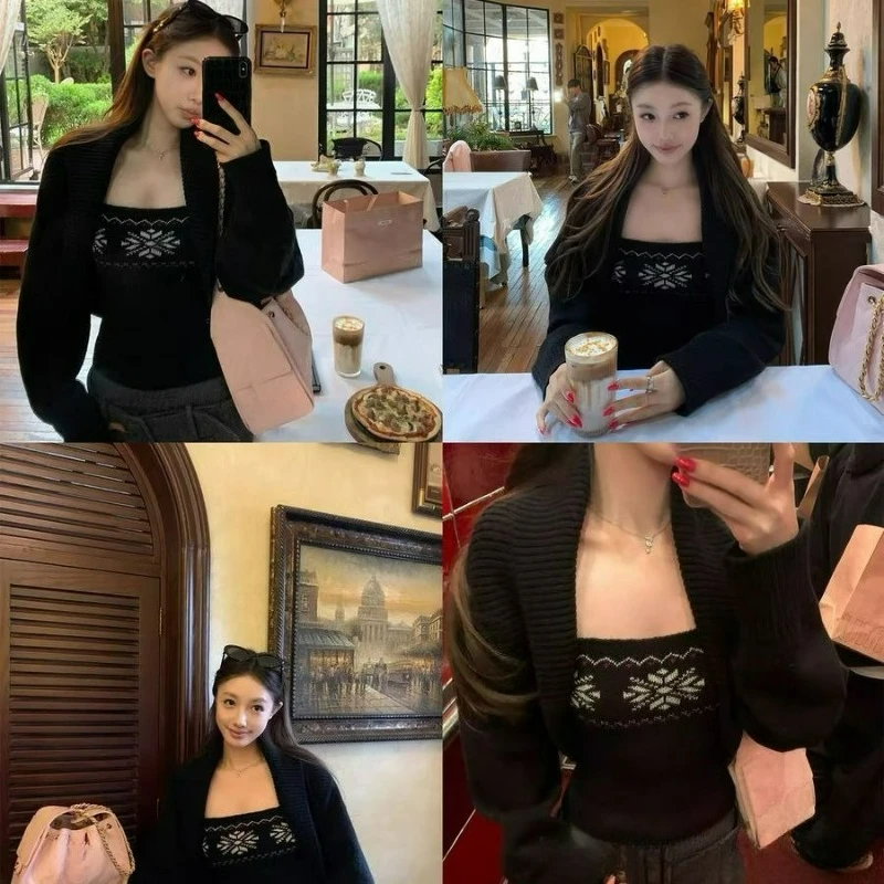 2026 Autumn/winter New Elegant Stylish Solid-color Warm Short Top A Two-piece Cardigan/halter Knitted Two-piece Set for Women's 5