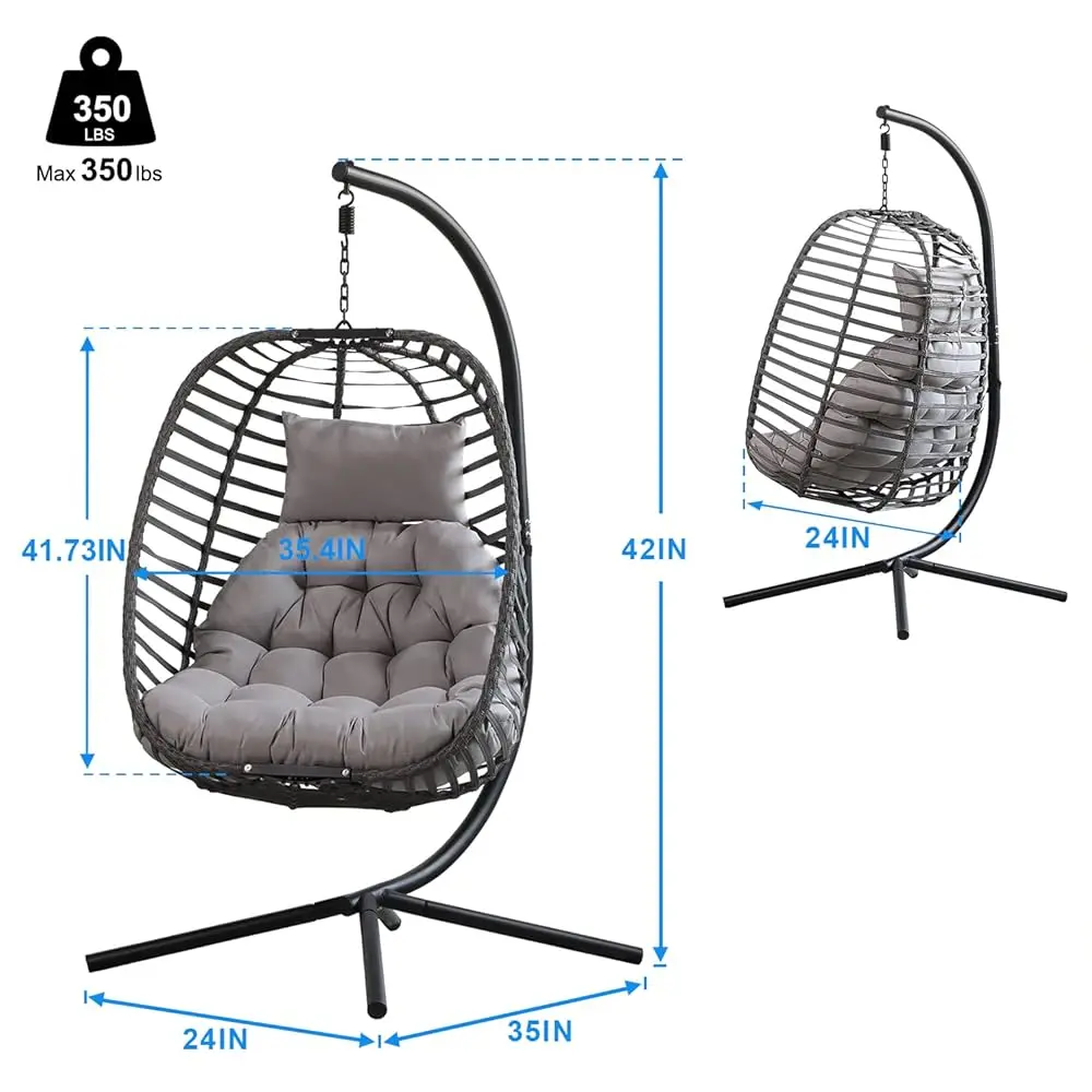 Hanging Hammo Egg Chair With Stand, Rattan Weather Resistant Vertical Fold Design Patio Hanging Basket Swing Chair 350Lbs Aticy