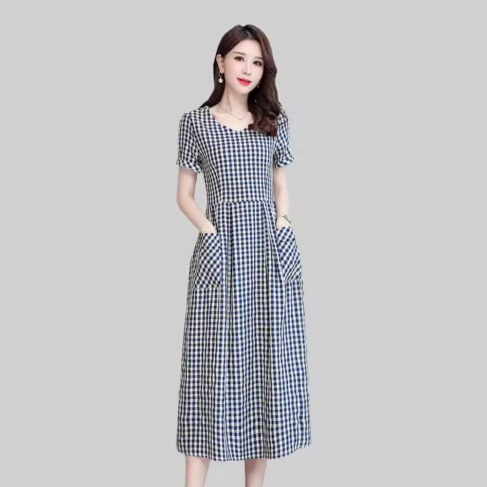 

2026 New Elegant Cotton Lin Dress Summer Large Size Women Middle-aged Mom Sweet Print Long Skirt Casual Style Polyester Fiber