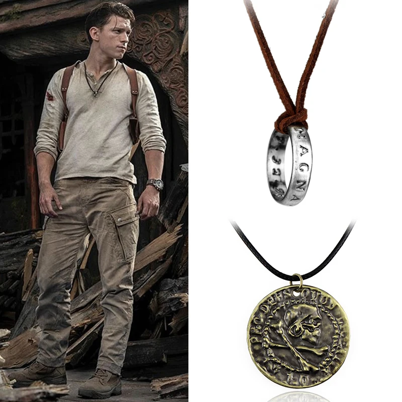 Movie Game Uncharted 4 Necklace Nathan Drake Cosplay Ring Leather Code Ancient Vintage Pendant Jewelry Prop