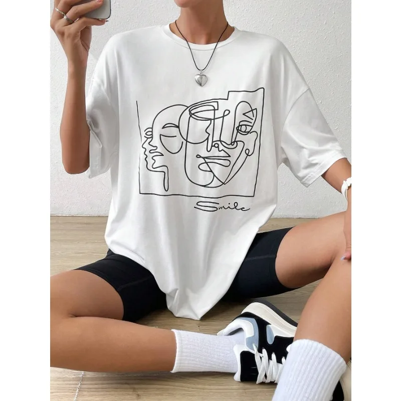 

Hirsionsan Abstract Line Printed T Shirt Women Funny Graphic Soft Loose Female Tees Cotton Summer Casual Tops Tshirts Plus Size