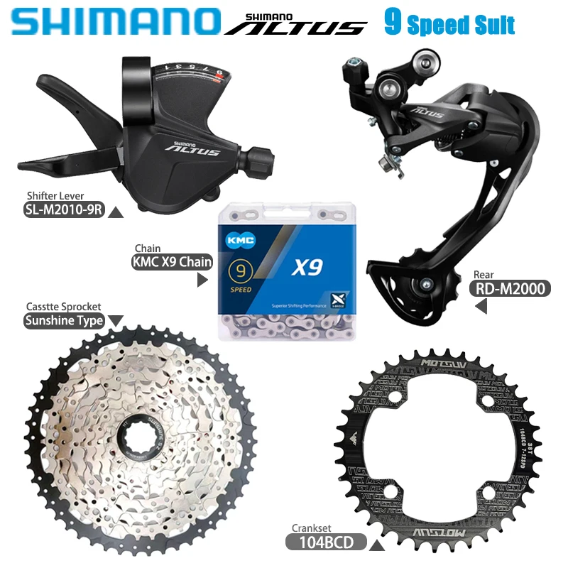 

Shimano ALTUS 9 Speed Groupset 9V Derailleurs Suit SL-M2010-9R Shifter Lever RD-M2000 Sunshine Casstte X9 Chain 104BCD Crank