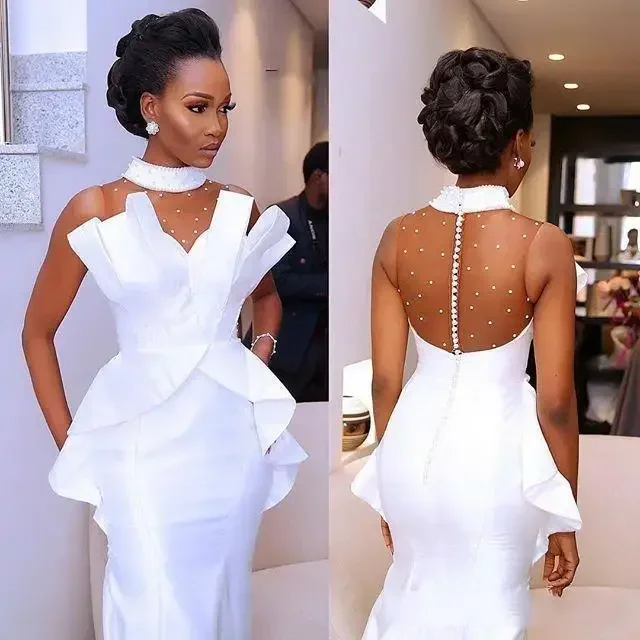 カスタマイズされた新デザインハイネックサテンマーメイドアフリカのウェディングドレススイープトレインカスタムメイド Vestidos デノビアビーズ