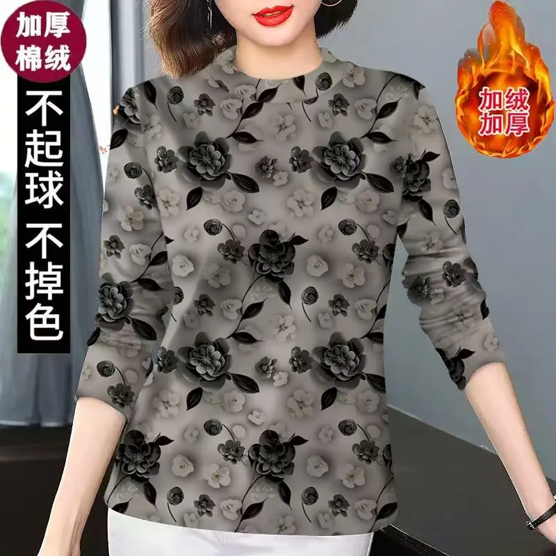 High-grade rich woman velvet thickened winter new bottom long-sleeved T-shirt mother print warm semi-turtleneck top