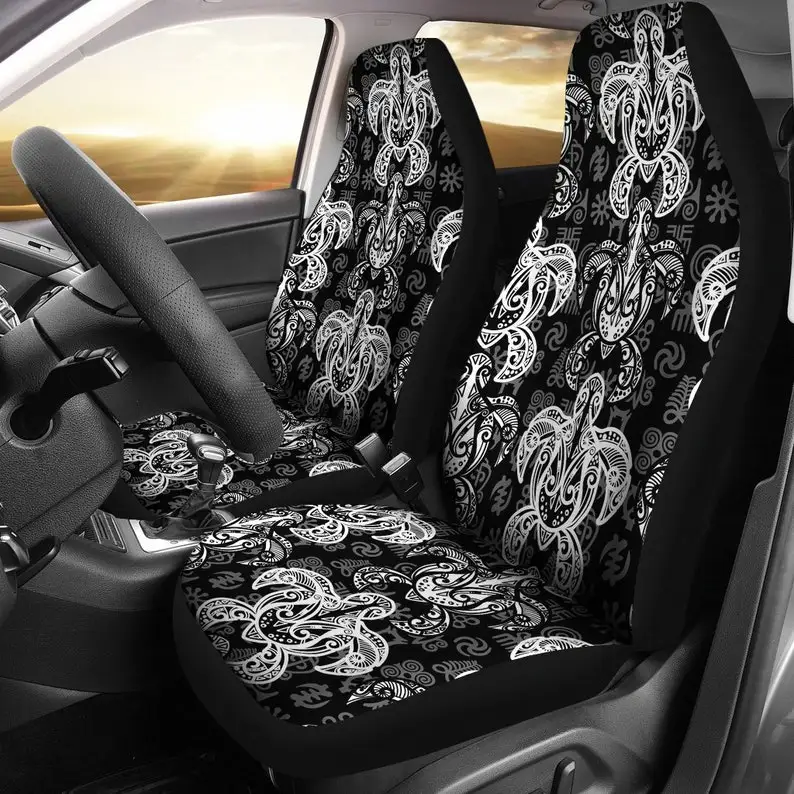 Black Grey Turtles Tribal Maori Car Seat Covers Pair, 2 Front Seat Covers, Car Seat Protector, Car Accessories