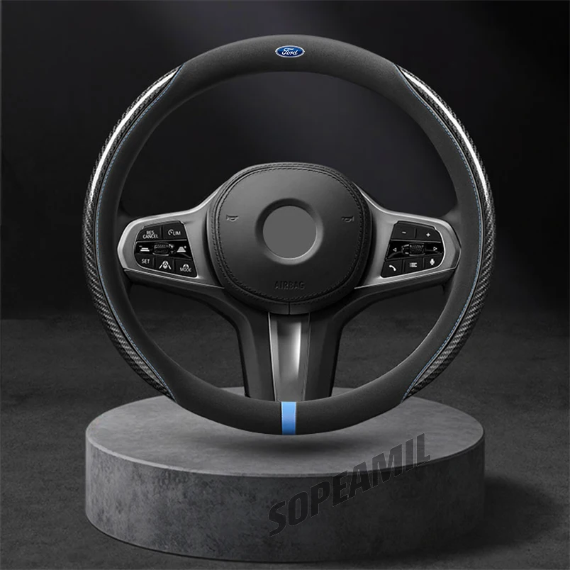 

Car Suede Carbon Fiber Steering Wheel Cover Ford ST Mondeo Fiesta Focus Fusion Kuga Explorer Mustang F150 Edge Range Puma C-MAX