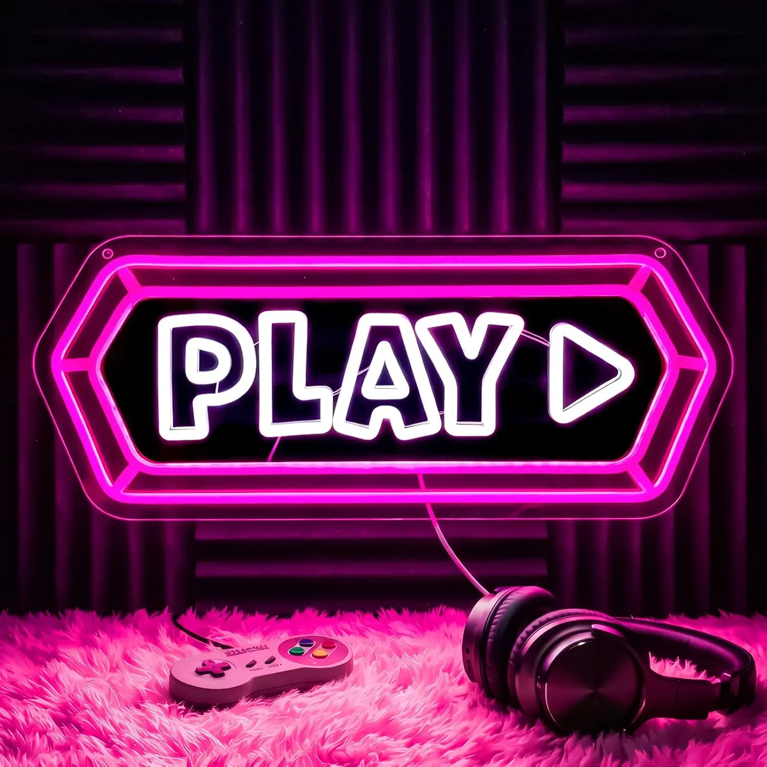Play Button LED Neon Sign Wall Light USB Powered For Game Room Bedroom Streaming Room Bar E-Sports Decor Gift For Gamers Boy