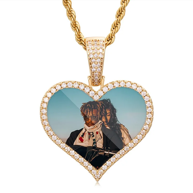 

Hiphop Custom Photo Heart Pendant Necklace for Women Men 18k Gold Plated Customized Picture Charm Necklaces Rope Chain 24in