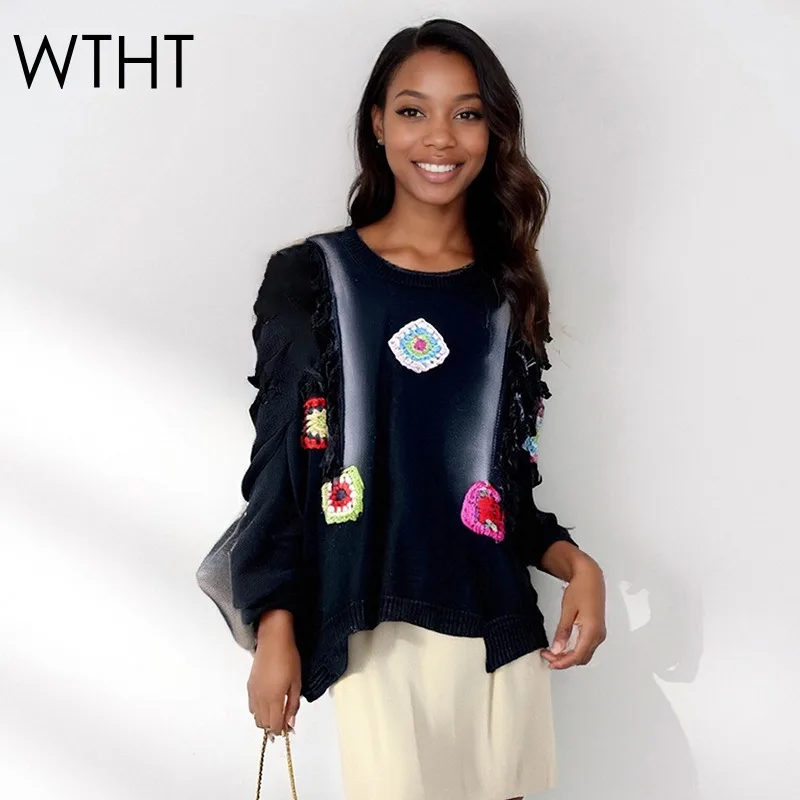

WTHT Fashion Women's Patchwork Badge Burr Edge Design Sweater 2025 Autumn Trendy O-neck Long Sleeves Pullovers Female 1LS2497