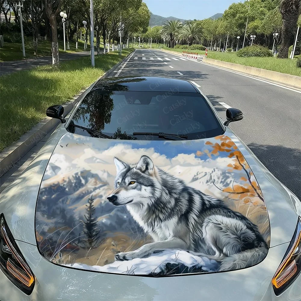 Snow Wolf Mountain Car Hood Sticker PVC Self Waterproof Stick, Striking Auto Exterior Accessories Decor Protect Gift for Lover