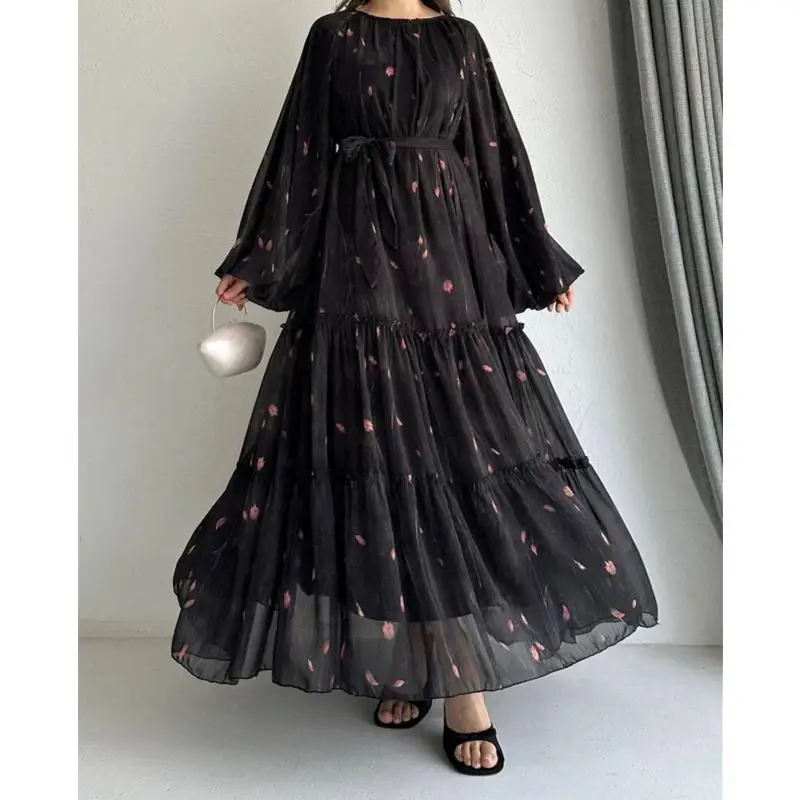 2024 Autumn New Printed Women Dress Loose Long Sleeved Casual Female Maxi Dresses Elegant Lady Evening Flowers Vestidos Clothing