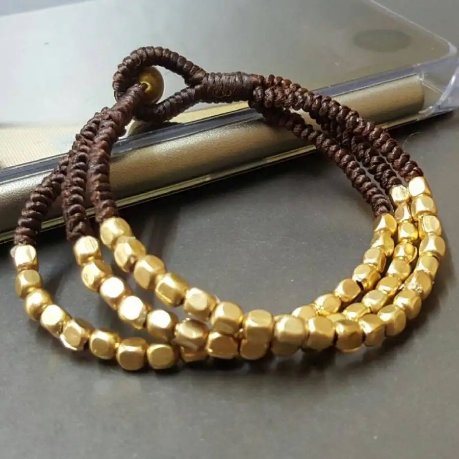 

Handmade 18K gold-plated square beads triplex row bracelet, men's cuff button bracelet, Ramadan prayer bead bracelet