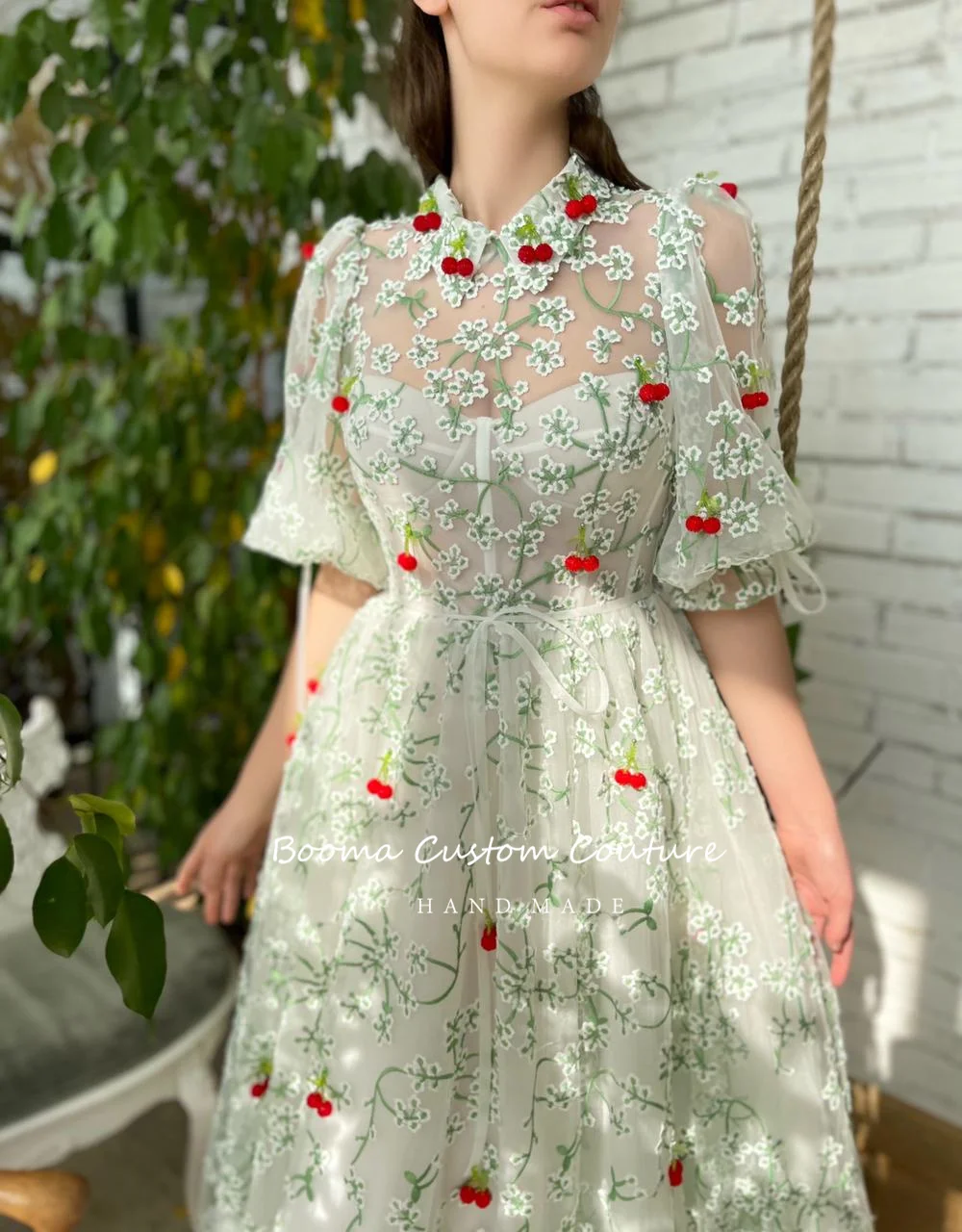 Booma Embroidery Lace Midi Prom Dresses Half Sleeves Crystal Cherry Tea-Length A-Line Wedding Party Dresses Customized