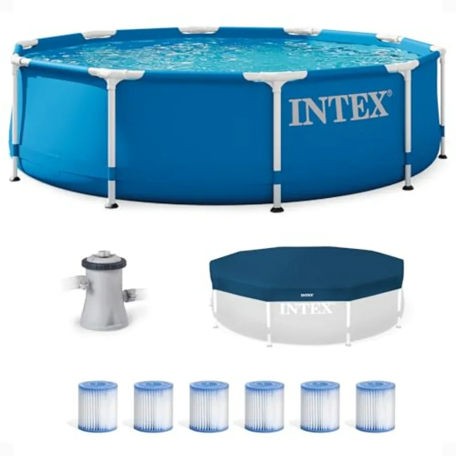 Outdoor round swimming pool set with metal frame, silver color, rust-resistant coating for durability and easy assembly