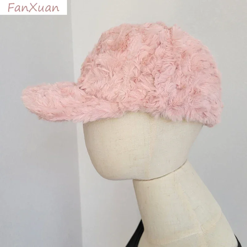 Autumn Winter Baseball Cap for Women Faux Fur Snapback Hats Pink White Beige Plush Fur Hats Women Caps