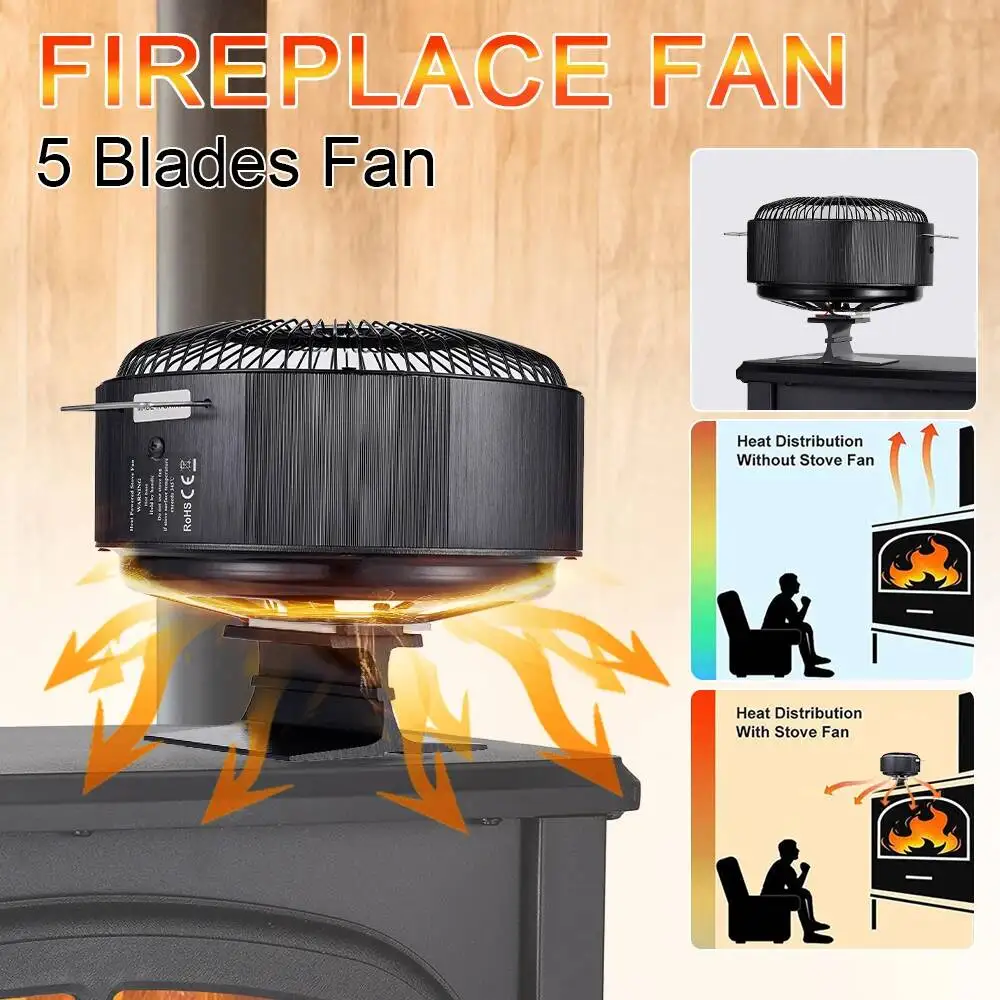 Outdoor 5 Blades Stove Powered Round Log Wood Fireplace Fan Burner Quiet Free-Standing Home Warmer Efficient Heat Distribution