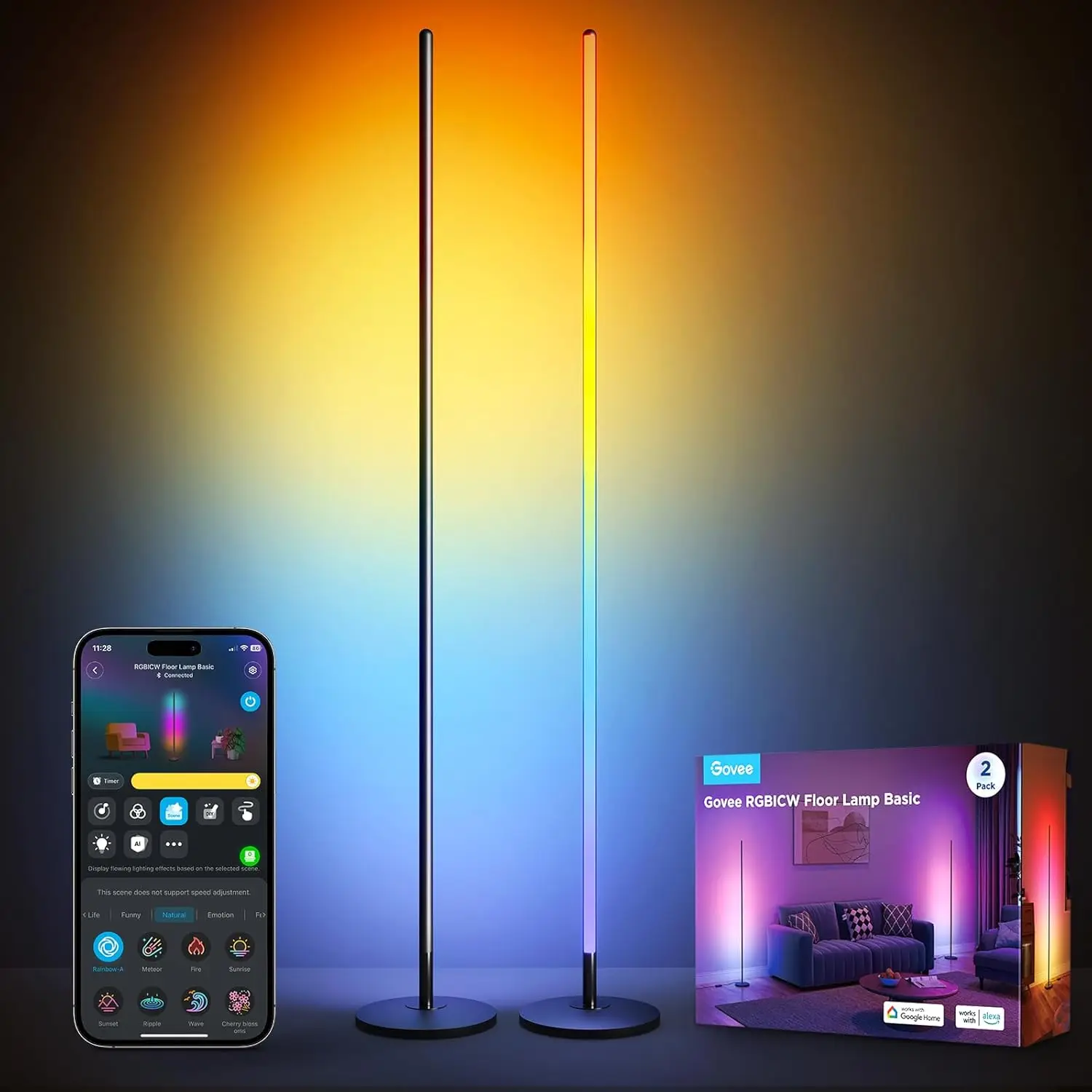 Smart RGBIC Floor Lamp 2-Pack, Voice Control with Alexa, Color Changing LED Standing Lamp for Bedroom, Black