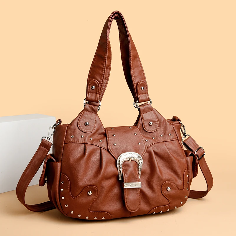 

2025 High Quality Soft Leather Women's Shoulder Bag Luxury Trendy Female Handbag Rivet Decoration Women Wallet Tote Bags Sac