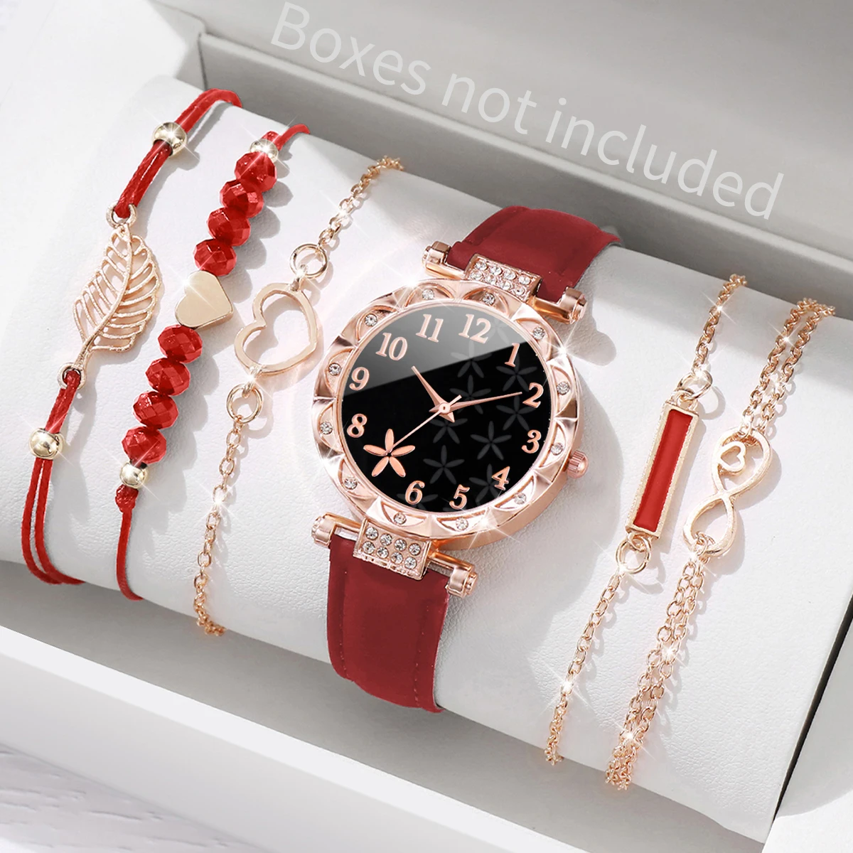 6PCS/Set Fashion Flower Dial Women\'s Watches Leather Band Quartz Watch Heart Leaf Bracelet Set（Without Box）