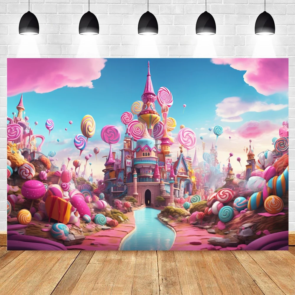 Pink Candy World Backdrop Sweet Candyland Castle Lollipop House Baby Birthday Party Portrait Background Cake Smash Photo Studio