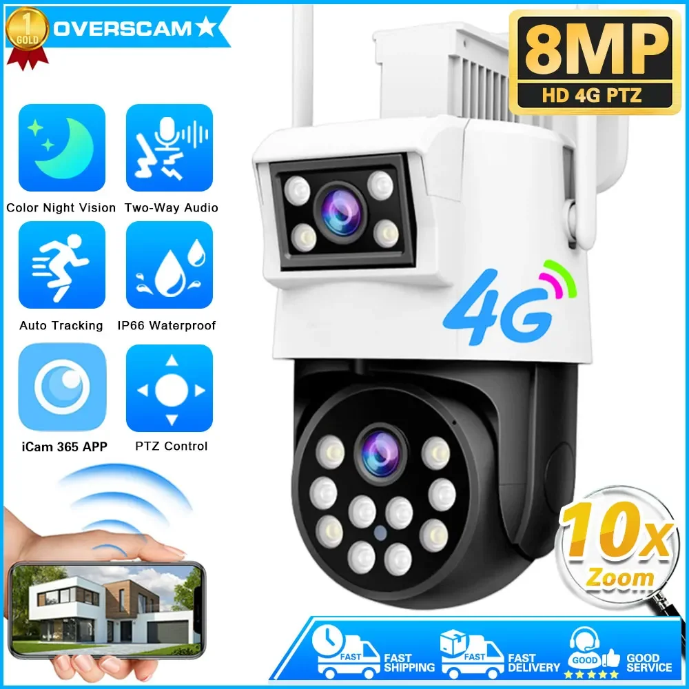 Caméra de surveillance extérieure sans fil avec vision nocturne, écran de suivi automatique, IP, 4K, 8MP, 4G, PTZ, sécurité des touristes