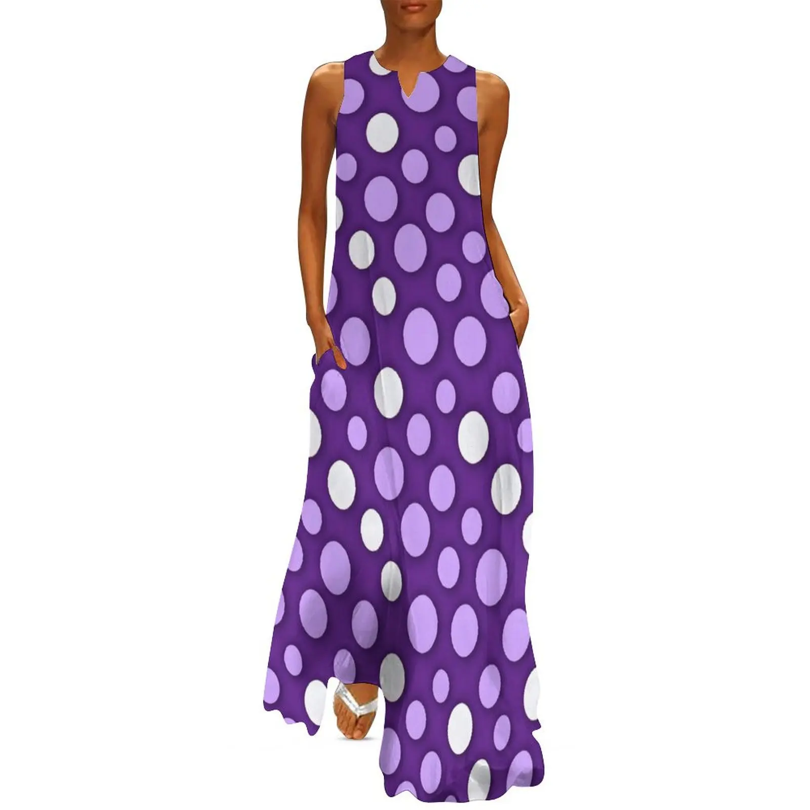 

Purple and white dots pattern Long Dress evening dresses ladies summer dress korean women Dresses gala Dress