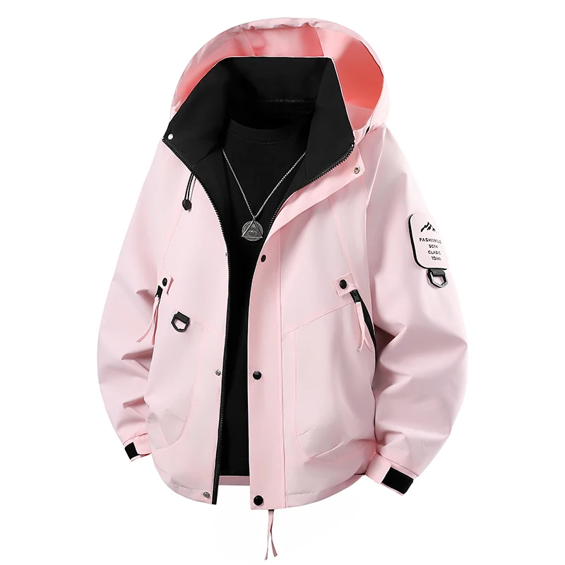 Women Hooded Windbreaker Jacket Casual Color Block Patchwork Outdoor Coat Loose Drawstring Hood Workwear Jacket Multi‑Pocket Str