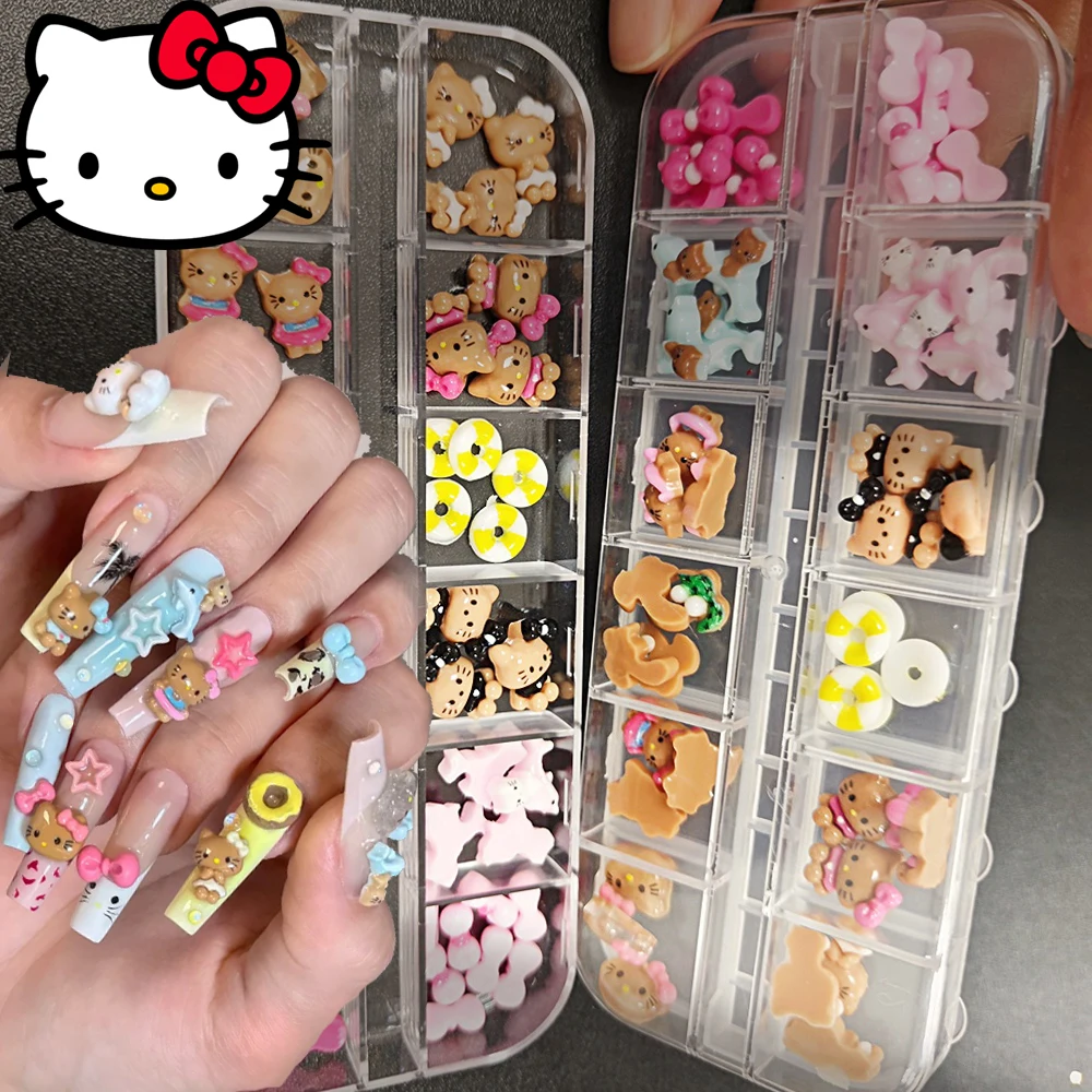 12grid/Box 5DCartoon Tanning Hello Kitty Nail Charms 8X10mm Black Shin  Kitty Nail Art Y2k Pink/White/Black Bow Kitty Nail Parts