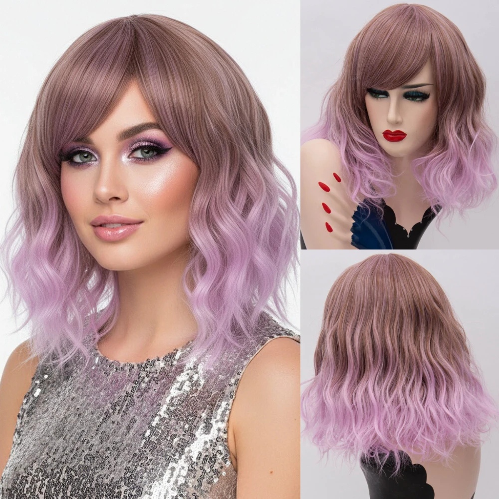 

Яркий короткий волнистый розовый парик Ombre Bob, термостойкие синтетические волосы для женщин, аниме Con, косплей и повседневные вечеринки