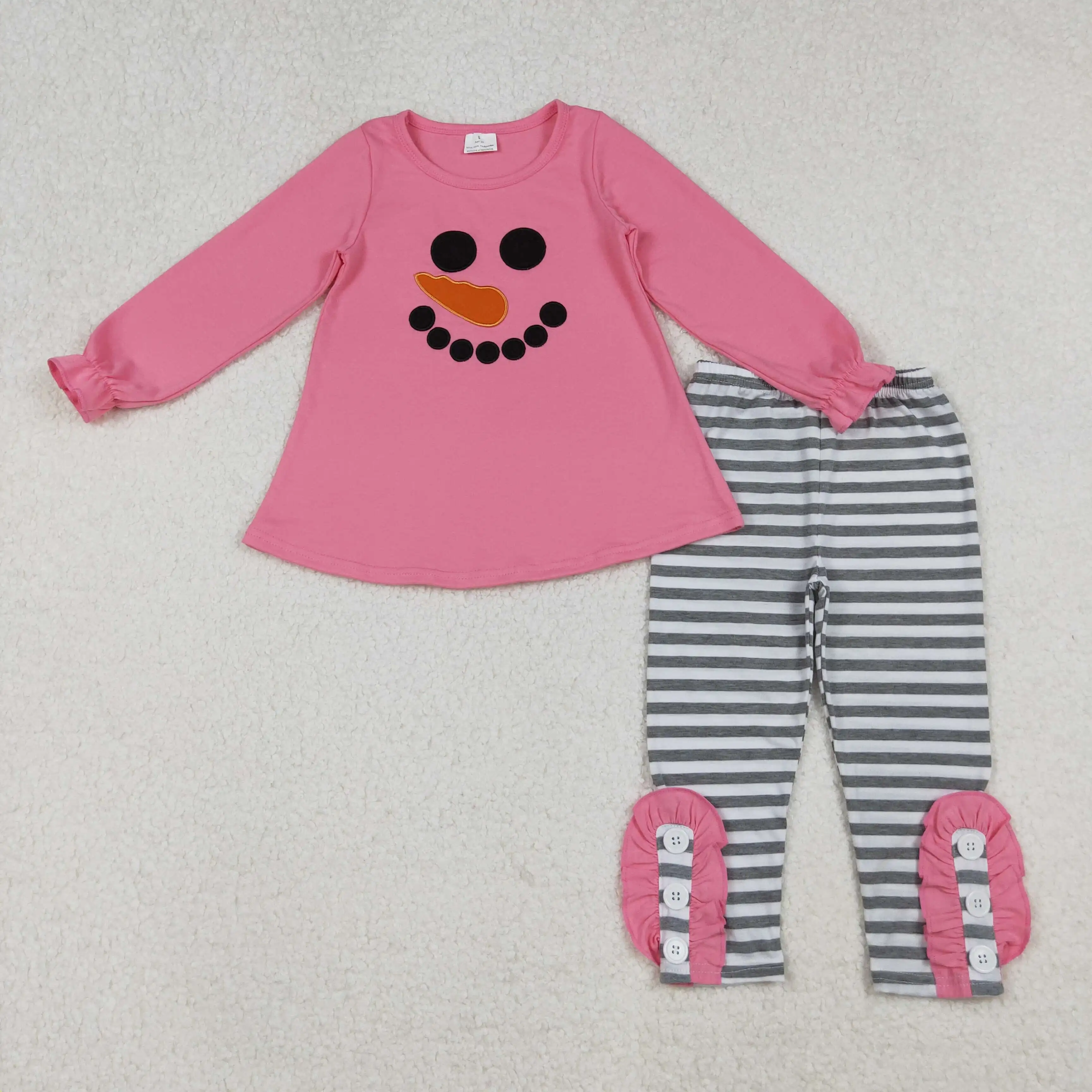 

X10.8 RTS NO MOQ Kids Girl Long Sleeve Embroidery Snowman Winter Matching Set Outfit Wholesale Baby Clothes