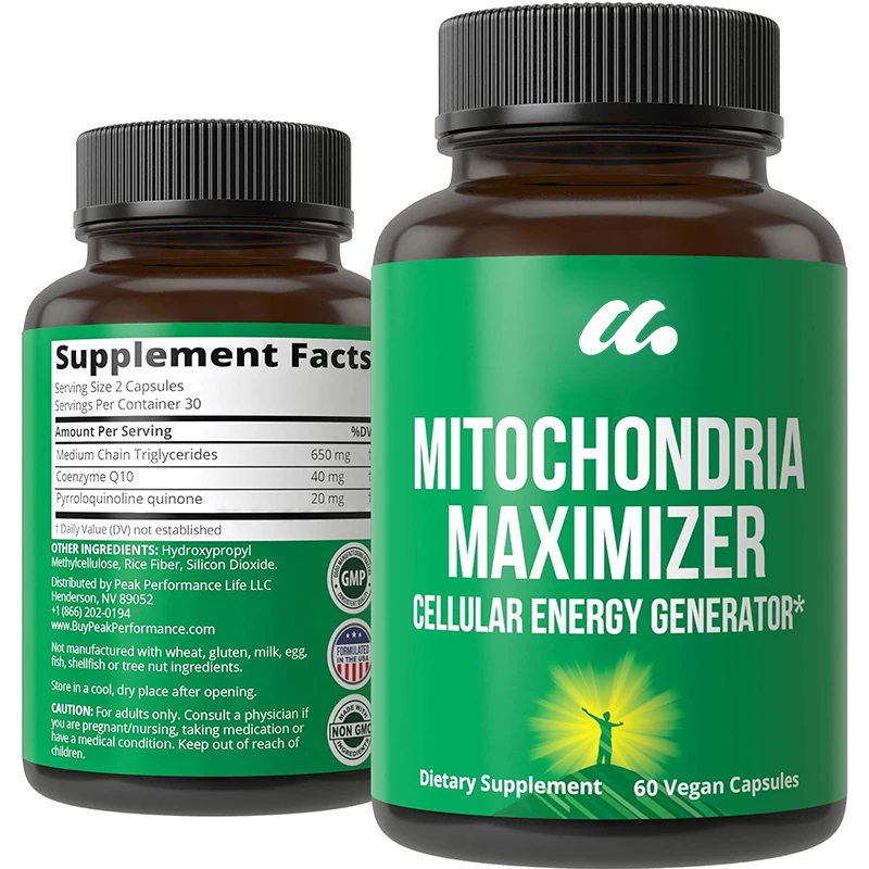 Mitochondrial maximizing agents contain coenzyme Q10 and active PQQ. Containing medium chain triglyceride oil, 60 capsules