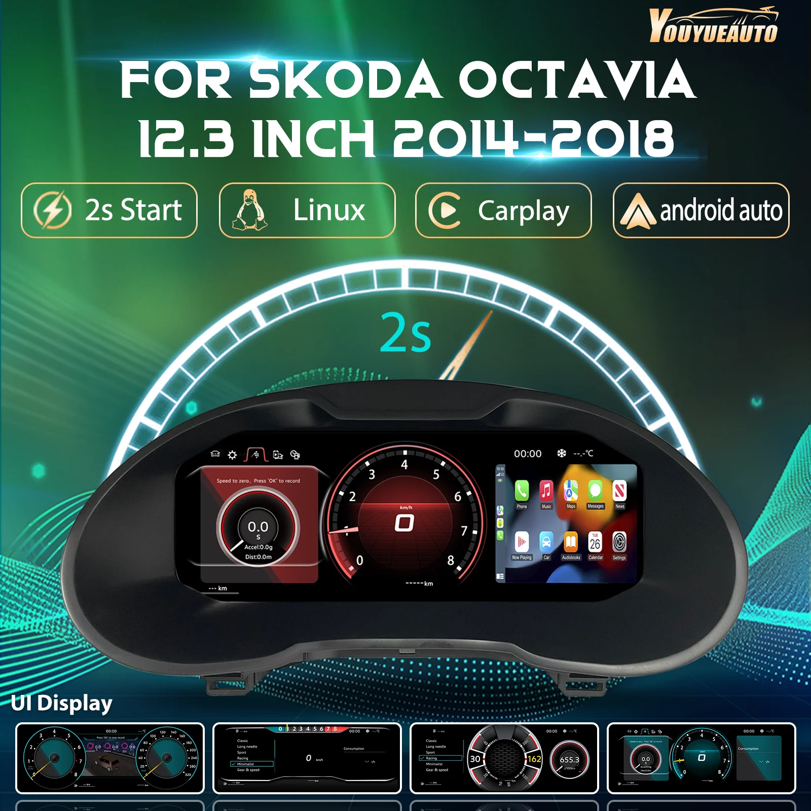 12,3'' LCD-Digital-Armaturenbrett für VW Skoda Octavia Baujahre 2014-2018, Instrumententafel, Cockpit-Tachometer mit Navigation
