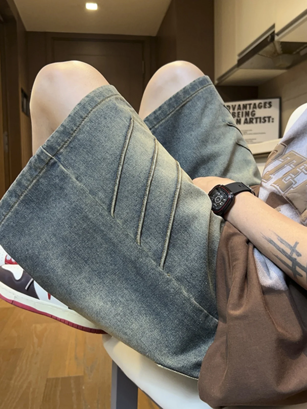 

Мужские летние свободные прямые брюки-джинсы в стиле ретро с пэчворком, длина до середины икры, повседневные, на пять пуговиц