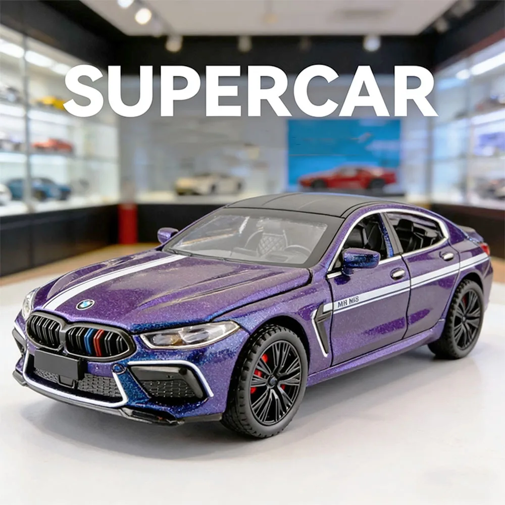 1:32 M8 M4 Supercar Toy Models Alloy Diecast Doors Opened Pull Back Sound Light Exquisite Interior Home Decoration Model Vehicle