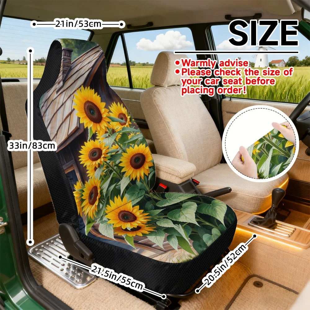 2D Flat Printing, 2pcs Sunflowers By Building Print Car Seat Covers, Universal Fit Front Seat, Comfortable Car Seat Covers, Easy