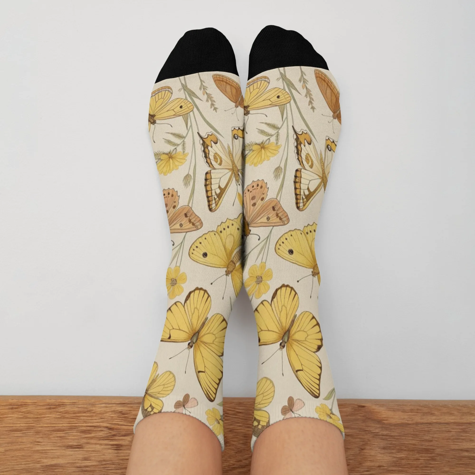 Meias femininas com estampa de borboleta e floral, novidade casual, clássicas, retrô, hip-hop, personalidade, arte