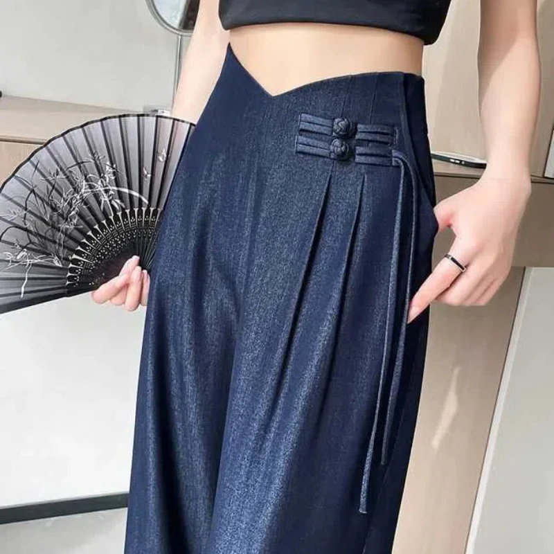 Chinese Style Fashion Summer Women's Solid Frog Ice Silk Suit Pants Simplicity Versatile Casual Loose Straight Wide Leg Trousers