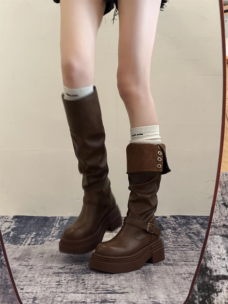 Botas Largas de Tacón ueso Estilo Británico Retro Marrón para Mujer, Nuevas Botas de Caballero Adeazantes Otoño Invierno ...