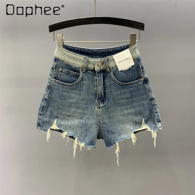 Street Ripped Denim Shorts Contrast Color High Waist Wide Leg Slim A Line Jeans Short Patns Women Korean Fashion Simple Blue